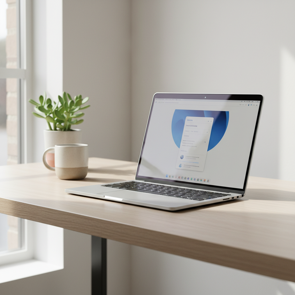 A high-end, silver laptop open on a minimalist white oak desk, illuminated by soft natural sunlight from a nearby window, with a ceramic coffee mug and a small green succulent in the background.