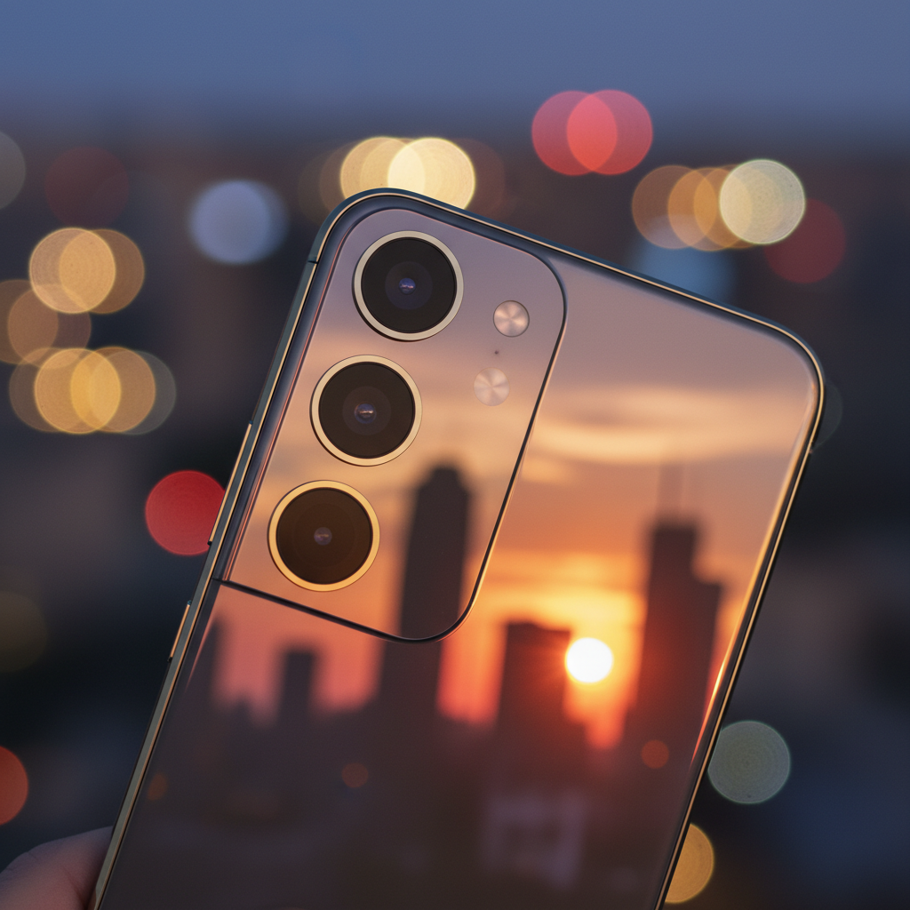 A close-up shot of a modern smartphone with a triple-camera system, reflecting a vibrant city sunset on its glass surface, featuring a shallow depth of field and professional bokeh.