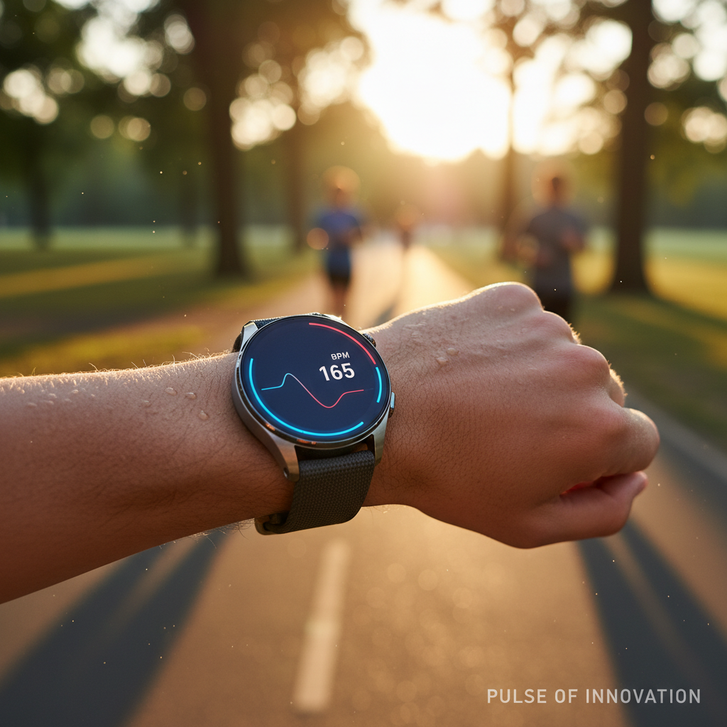 A sophisticated smartwatch with a glowing OLED display showing heart rate data, worn on a runner's wrist during a golden hour outdoor session, with a blurred park background.