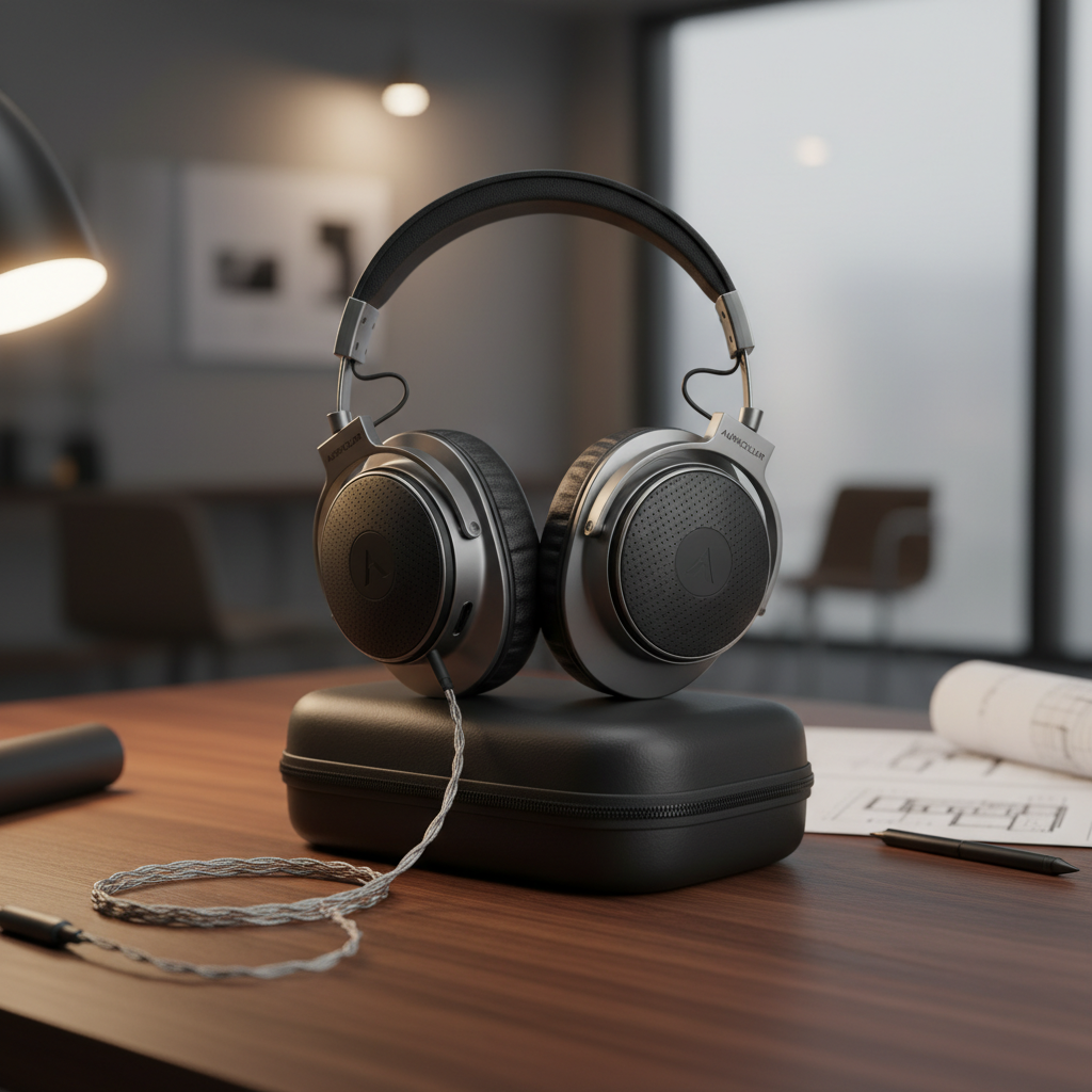 Professional over-ear noise-canceling headphones resting on a walnut desk, showcasing detailed leather textures and metallic accents under soft studio lighting.