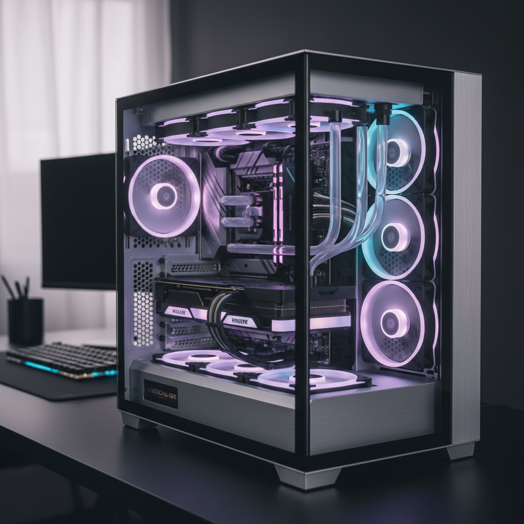 An interior view of a high-performance gaming PC with clean cable management, subtle purple and blue RGB lighting reflecting off glass panels and liquid cooling components.