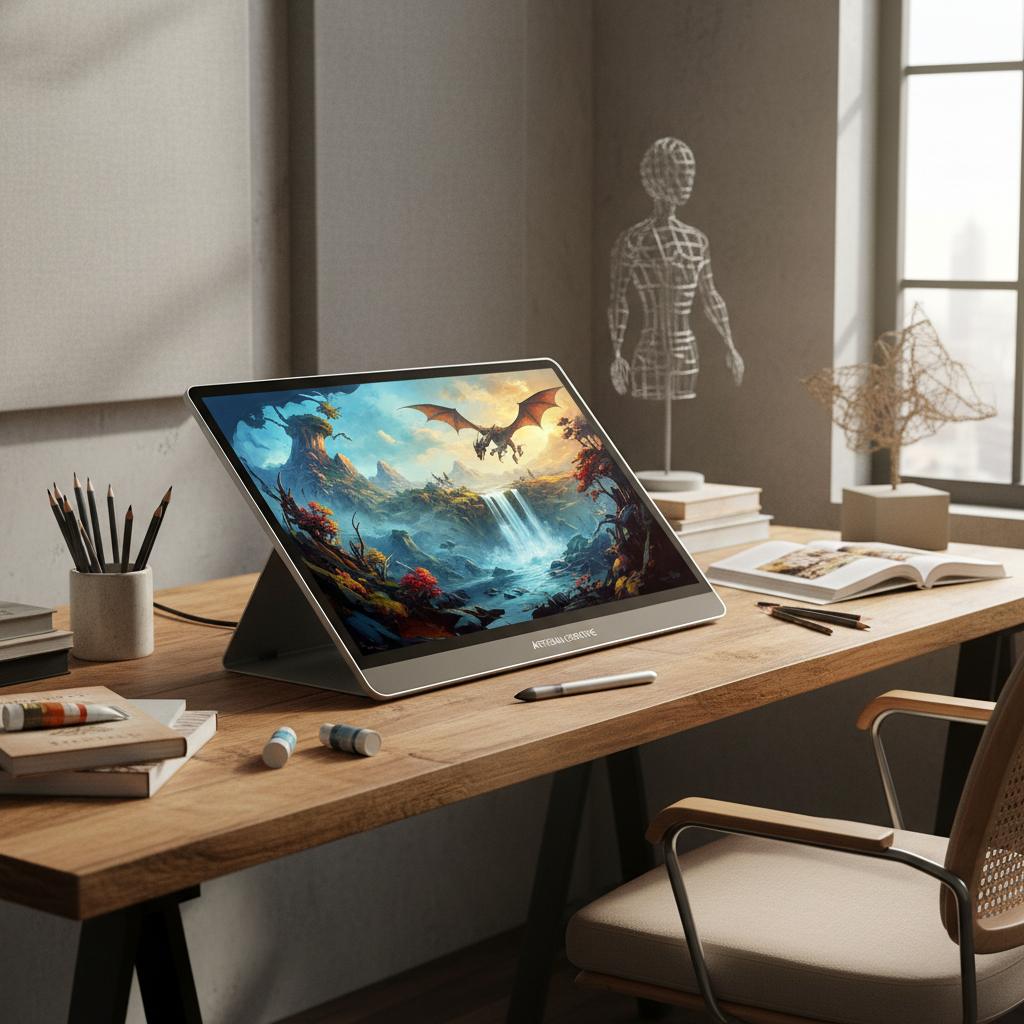 A modern graphic tablet with a digital stylus resting on its screen, displaying a colorful and detailed digital painting in a creative professional's studio.